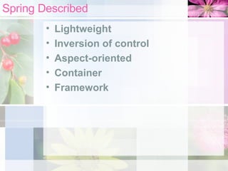 Spring Described Lightweight Inversion of control Aspect-oriented Container Framework 