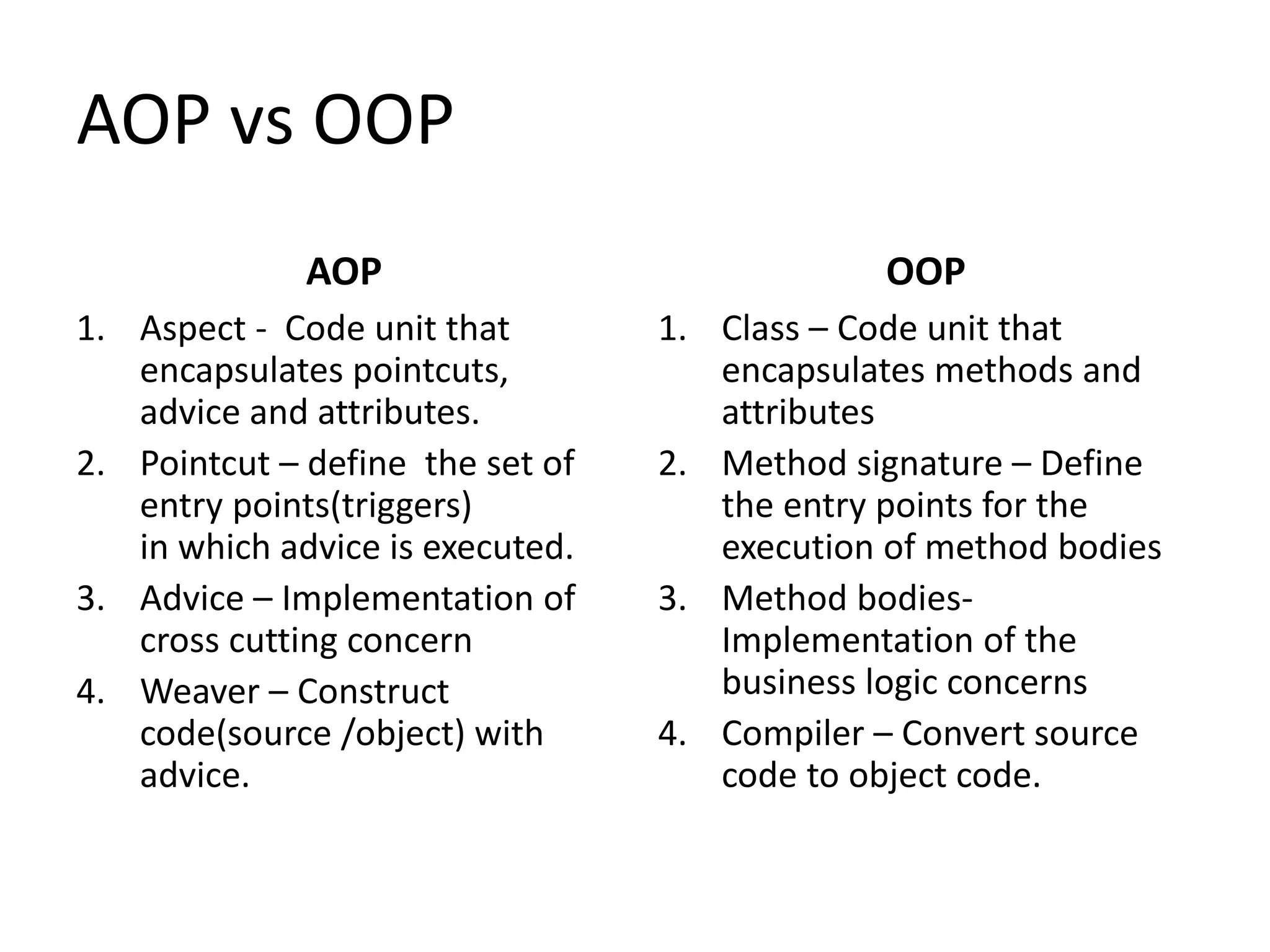 AOP vs OOP
AOP
1. Aspect - Code unit that
encapsulates pointcuts,
advice and attributes.
2. Pointcut – define the set of
entry points(triggers)
in which advice is executed.
3. Advice – Implementation of
cross cutting concern
4. Weaver – Construct
code(source /object) with
advice.
OOP
1. Class – Code unit that
encapsulates methods and
attributes
2. Method signature – Define
the entry points for the
execution of method bodies
3. Method bodies-
Implementation of the
business logic concerns
4. Compiler – Convert source
code to object code.
 