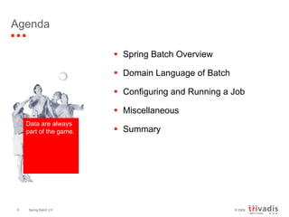 Agenda Spring Batch Overview Domain Language of Batch Configuring and Running a Job Miscellaneous Summary Data are always part of the game. 