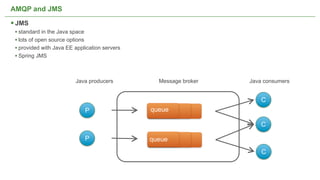 AMQP and JMS

 JMS
 • standard in the Java space
 • lots of open source options
 • provided with Java EE application servers
 • Spring JMS



                         Java producers          Message broker   Java consumers


                                                                      C
                             P                 queue

                                                                      C

                             P                 queue
                                                                      C


                                                                                   16
 