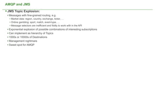 AMQP and JMS

 JMS Topic Explosion:
 • Messages with fine-grained routing, e.g.
   • Market data: region, country, exchange, ticker, …
   • Online gambling: sport, match, event-type, …
   • Message selectors are inefficient and fiddly to work with in the API
 • Exponential explosion of possible combinations of interesting subscriptions
 • Can implement as hierarchy of Topics
 • 1000s or 10000s of Destinations
 • Management nightmare
 • Sweet spot for AMQP




                                                         NOT CONFIDENTIAL -- TELL EVERYONE   19
 