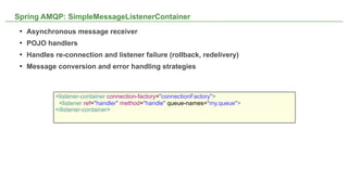 Spring AMQP: SimpleMessageListenerContainer
    Asynchronous message receiver
    POJO handlers
    Handles re-connection and listener failure (rollback, redelivery)
    Message conversion and error handling strategies



             <listener-container connection-factory="connectionFactory">
              <listener ref="handler" method="handle" queue-names="my.queue">
             </listener-container>




                                                  NOT CONFIDENTIAL -- TELL EVERYONE   23
 