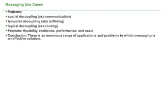Messaging Use Cases

 Patterns:
 spatial decoupling (aka communication)
 temporal decoupling (aka buffering)
 logical decoupling (aka routing)
 Promote: flexibility, resilience, performance, and scale
 Conclusion: There is an enormous range of applications and problems to which messaging is
 an effective solution.




                                           NOT CONFIDENTIAL -- TELL EVERYONE                  24
 