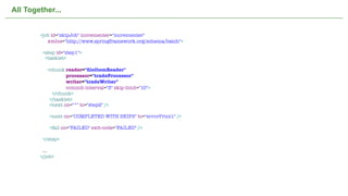 All Together...


        <job id="skipJob" incrementer="incrementer"
           xmlns="http://www.springframework.org/schema/batch">

            <step id="step1">
             <tasklet>

              <chunk reader="ﬁleItemReader"
                      processor="tradeProcessor"
                      writer="tradeWriter"
                      commit-interval="3" skip-limit="10">
        	       </chunk>
        	      </tasklet>
        	      <next on="*" to="step2" />

        	     <next on="COMPLETED WITH SKIPS" to="errorPrint1" />

        	     <fail on="FAILED" exit-code="FAILED" />

            </step>

         ...
        </job>




                                               Not confidential. Tell everyone.   37
 