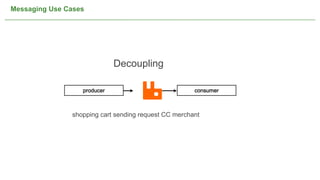 Messaging Use Cases




                             Decoupling

                  producer                                       consumer



               shopping cart sending request CC merchant




                                        NOT CONFIDENTIAL -- TELL EVERYONE   8
 