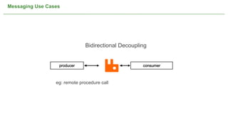 Messaging Use Cases




                              Bidirectional Decoupling


                  producer                                            consumer



                 eg: remote procedure call




                                         NOT CONFIDENTIAL -- TELL EVERYONE       9
 
