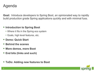 22
Agenda
Goal: Introduce developers to Spring Boot, an opinionated way to rapidly
build production grade Spring applications quickly and with minimal fuss.
 Introduction to Spring Boot
• Where it fits in the Spring eco system
• Goals, high level features, etc.
 Demo: Quick Start
 Behind the scenes
 More demos, more Boot
 End bits (links and such)
 ToDo: Adding new features to Boot
 