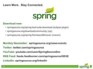 2828
Learn More. Stay Connected.
Download now:
• springsource.org/spring-tool-suite-download (eclipse plugin)
• springsource.org/download/community (zip)
• springsource.org/spring-framework#maven (maven)
Monthly Newsletter: springsource.org/news-events
Twitter: twitter.com/springsource
YouTube: youtube.com/user/SpringSourceDev
RSS Feed: feeds.feedburner.com/springsource/OEVE
LinkedIn: springsource.org/linkedin
 