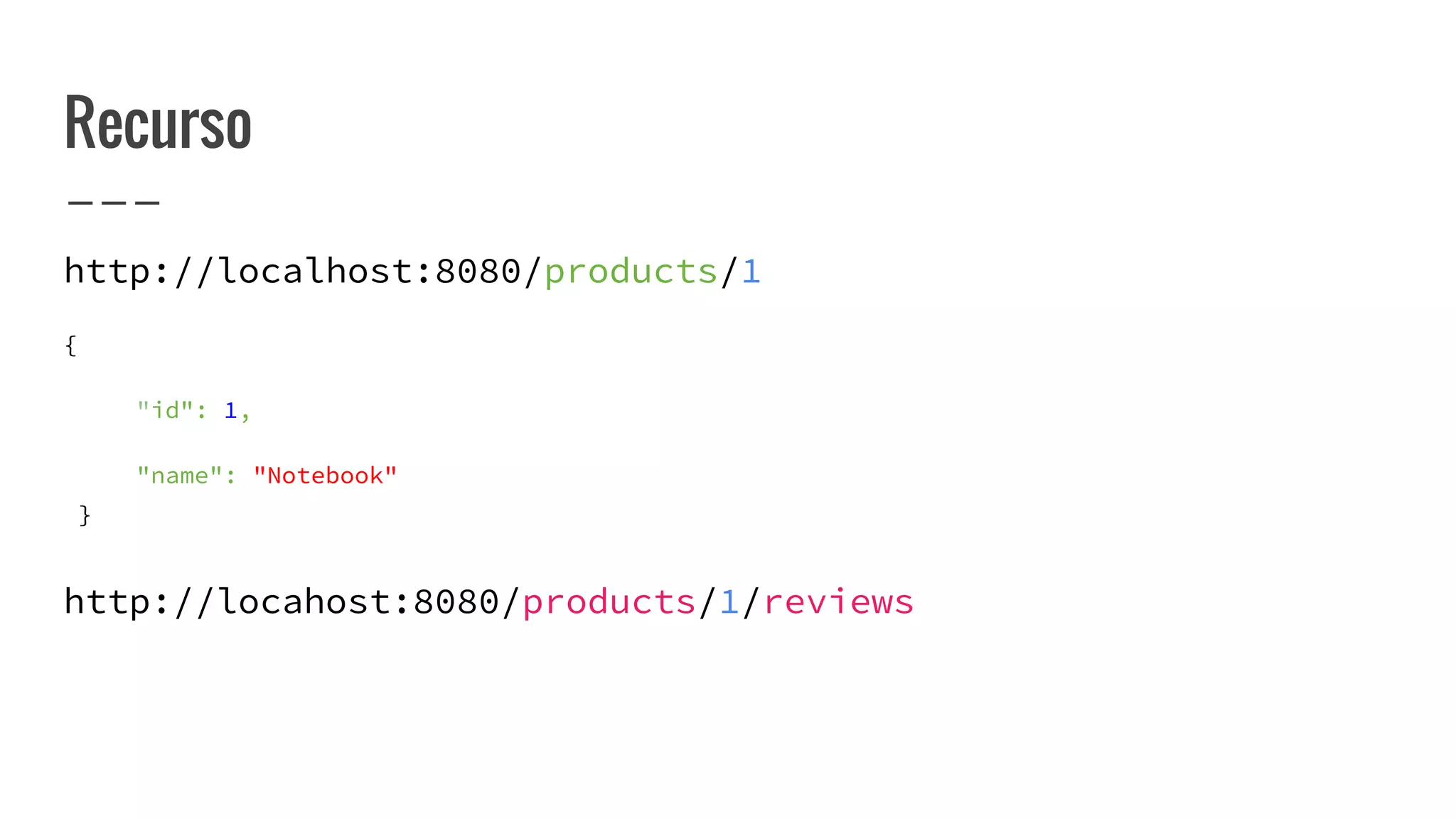 Recurso
http://localhost:8080/products/1
{
"id": 1,
"name": "Notebook"
}
http://locahost:8080/products/1/reviews
 