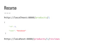 Recurso
http://localhost:8080/products/1
{
"id": 1,
"name": "Notebook"
}
http://locahost:8080/products/1/reviews
 