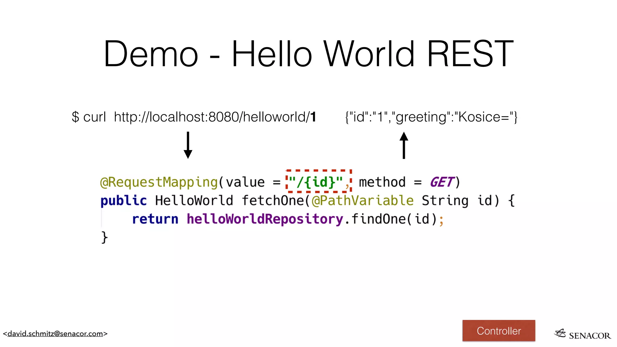 <david.schmitz@senacor.com>
Demo - Hello World REST
Controller
$ curl http://localhost:8080/helloworld/1 {"id":"1","greeting":"Kosice="}
 