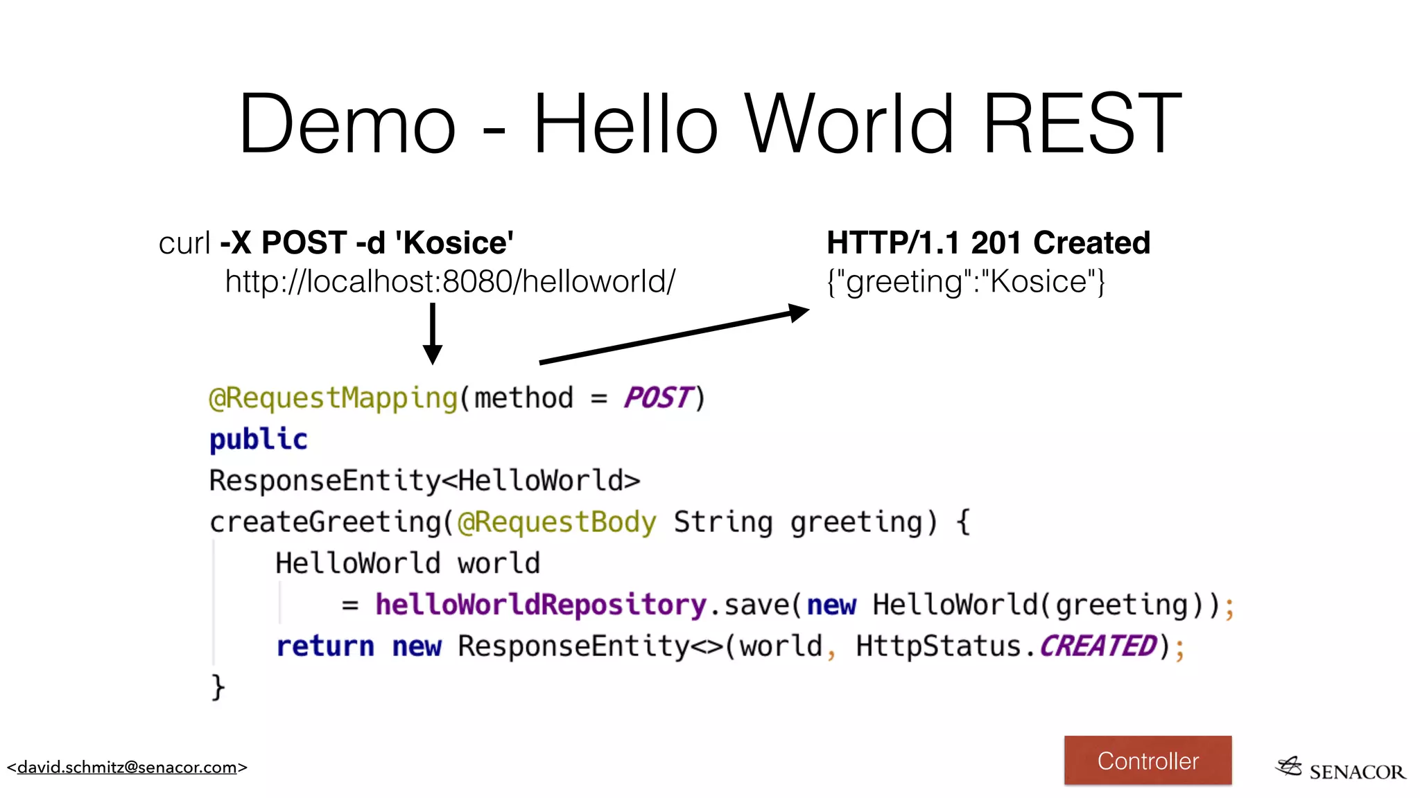 <david.schmitz@senacor.com>
Demo - Hello World REST
curl -X POST -d 'Kosice'
http://localhost:8080/helloworld/
HTTP/1.1 201 Created
{"greeting":"Kosice"}
Controller
 