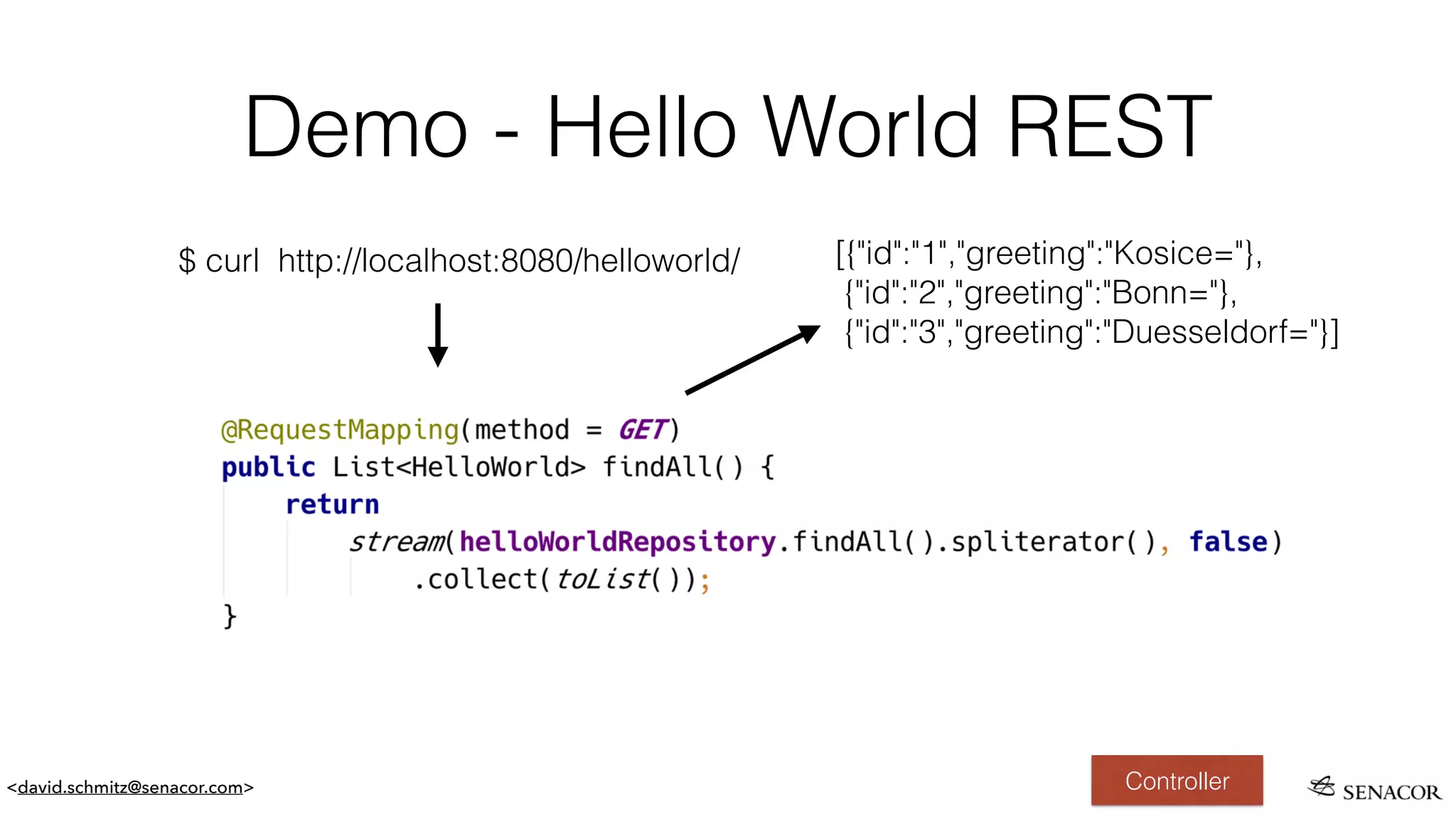 <david.schmitz@senacor.com>
Demo - Hello World REST
Controller
$ curl http://localhost:8080/helloworld/ [{"id":"1","greeting":"Kosice="},
{"id":"2","greeting":"Bonn="},
{"id":"3","greeting":"Duesseldorf="}]
 