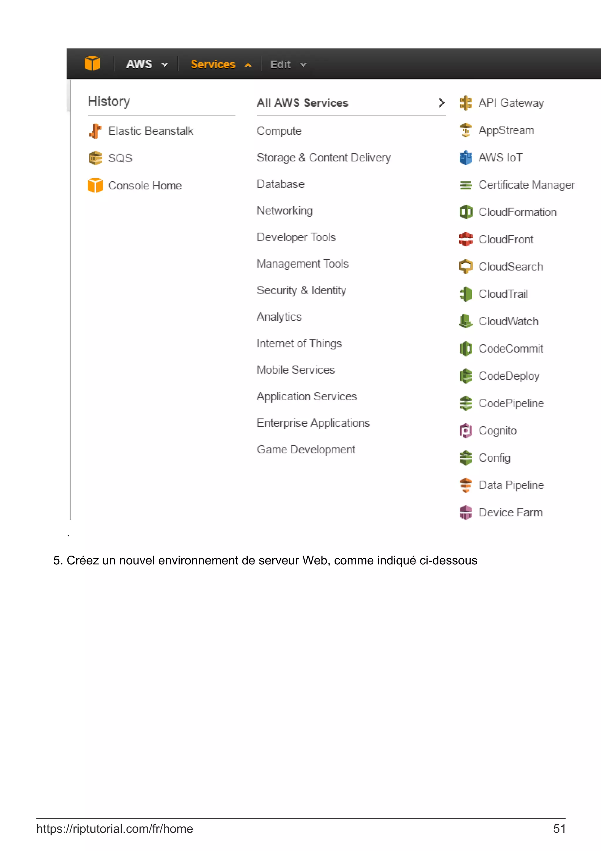 .
Créez un nouvel environnement de serveur Web, comme indiqué ci-dessous
5.
https://riptutorial.com/fr/home 51
 