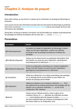 Chapitre 2: Analyse de paquet
Introduction
Dans cette rubrique, je vais donner un aperçu de la numérisation du package de démarrage au
printemps.
Vous pouvez trouver des informations de base dans les documents de démarrage du printemps
dans le lien suivant (en utilisant-boot-structuring-your-code ) mais je vais essayer de fournir des
informations plus détaillées.
Spring Boot, et Spring en général, fournissent une fonctionnalité pour analyser automatiquement
les packages de certaines annotations afin de créer des beans et une configuration .
Paramètres
Annotation Détails
@PrintBootApplication
Annotation principale de l'application de démarrage à ressort.
utilisé une fois dans l'application, contient une méthode
principale et sert de package principal pour l'analyse des
packages
@PrintBootConfiguration
Indique qu'une classe fournit une application Spring Boot. Doit
être déclaré une seule fois dans l'application, généralement
automatiquement en définissant @SpringBootApplication
@EnableAutoConfiguration
Activer la configuration automatique du contexte d'application
Spring. Doit être déclaré une seule fois dans l'application,
généralement automatiquement en définissant
@SpringBootApplication
@ CompoScan
Utilisé pour déclencher une analyse automatique des packages
sur un package donné et ses enfants ou pour définir une
analyse de package personnalisée
@Configuration
Utilisé pour déclarer une ou plusieurs méthodes @Bean . Peut
être sélectionné par analyse automatique des packages afin de
déclarer une ou plusieurs méthodes @Bean au lieu d'une
configuration XML classique
@Haricot
Indique qu'une méthode produit un bean à gérer par le
conteneur Spring. En @Bean générale, les méthodes annotées
@Bean seront placées dans les classes annotées @Configuration
qui seront sélectionnées par l'analyse du package pour créer
des beans basés sur la configuration Java.
https://riptutorial.com/fr/home 6
 