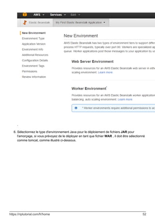 .
Sélectionnez le type d'environnement Java pour le déploiement de fichiers JAR pour
l'amorçage, si vous prévoyez de le déployer en tant que fichier WAR , il doit être sélectionné
comme tomcat, comme illustré ci-dessous.
6.
https://riptutorial.com/fr/home 52
 