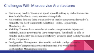 ● Quick setup needed: You cannot spend a month setting up each microservice.
You should be able to create microservices quickly.
● Automation: Because there are a number of smaller components instead of a
monolith, you need to automate everything - Builds, Deployment,
Monitoring, etc.
● Visibility: You now have a number of smaller components to deploy and
maintain, maybe 100 or maybe 1000 components. You should be able to
monitor and identify problems automatically. You need great visibility around
all the components.
● Configuration Management: You need to maintain configurations for
hundreds of components across environments. You would need a
Configuration Management solution
Challenges With Microservice Architectures
 