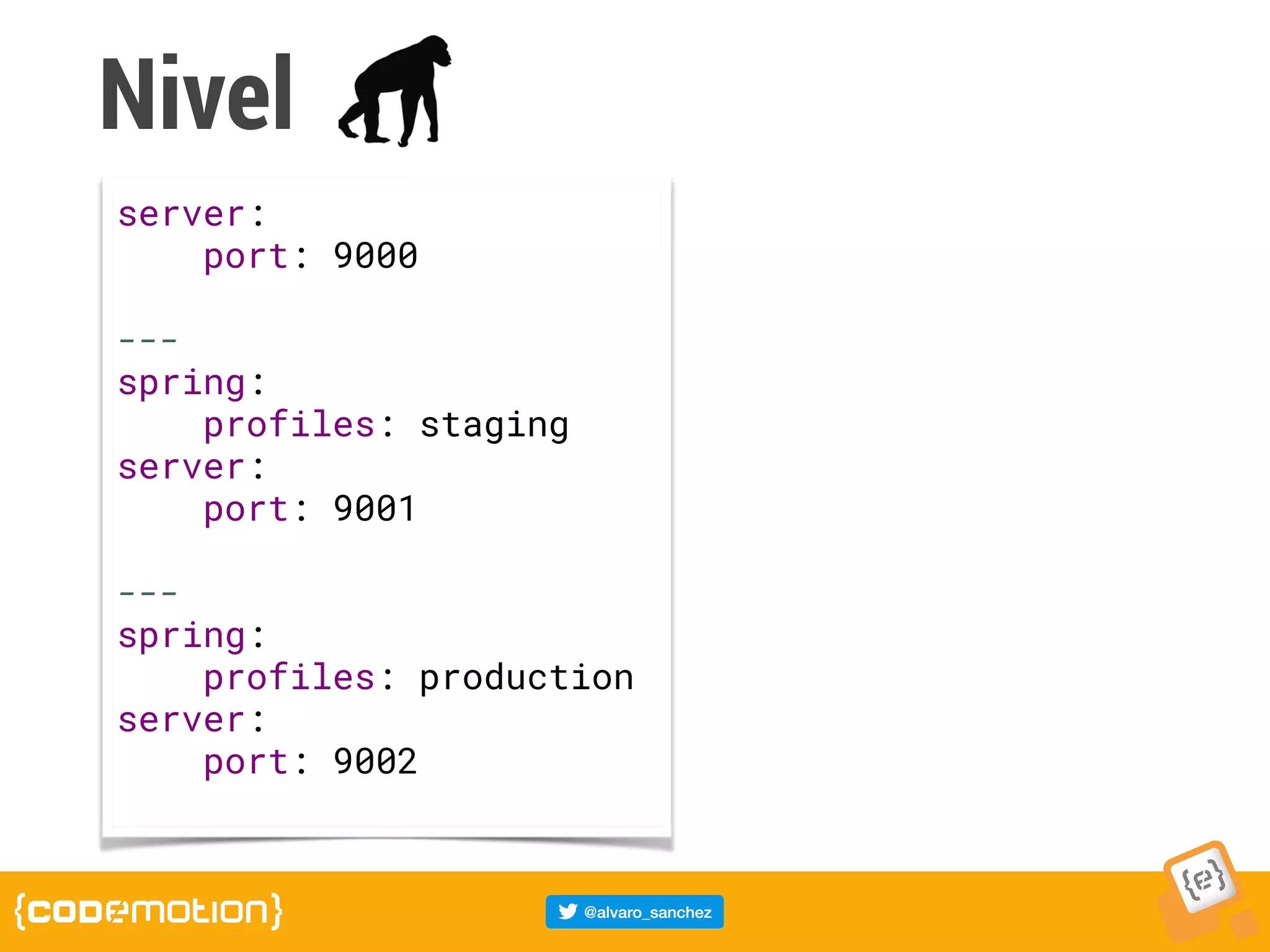 Nivel
server:
port: 9000
---
spring:
profiles: staging
server:
port: 9001
---
spring:
profiles: production
server:
port: 9002
 