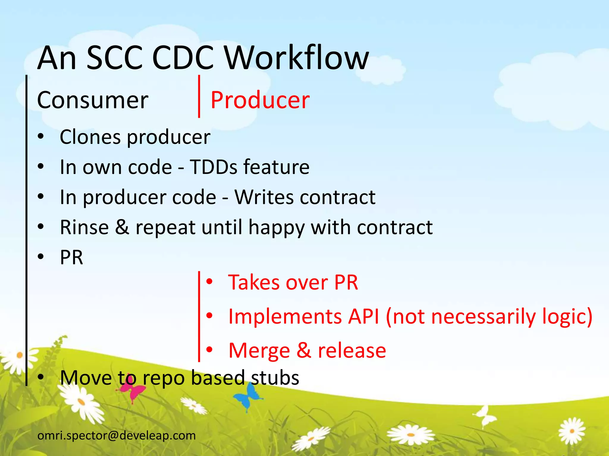 omri.spector@develeap.com
An SCC CDC Workflow
Consumer
• Clones producer
• In own code - TDDs feature
• In producer code - Writes contract
• Rinse & repeat until happy with contract
• PR
• Move to repo based stubs
Producer
• Takes over PR
• Implements API (not necessarily logic)
• Merge & release
 