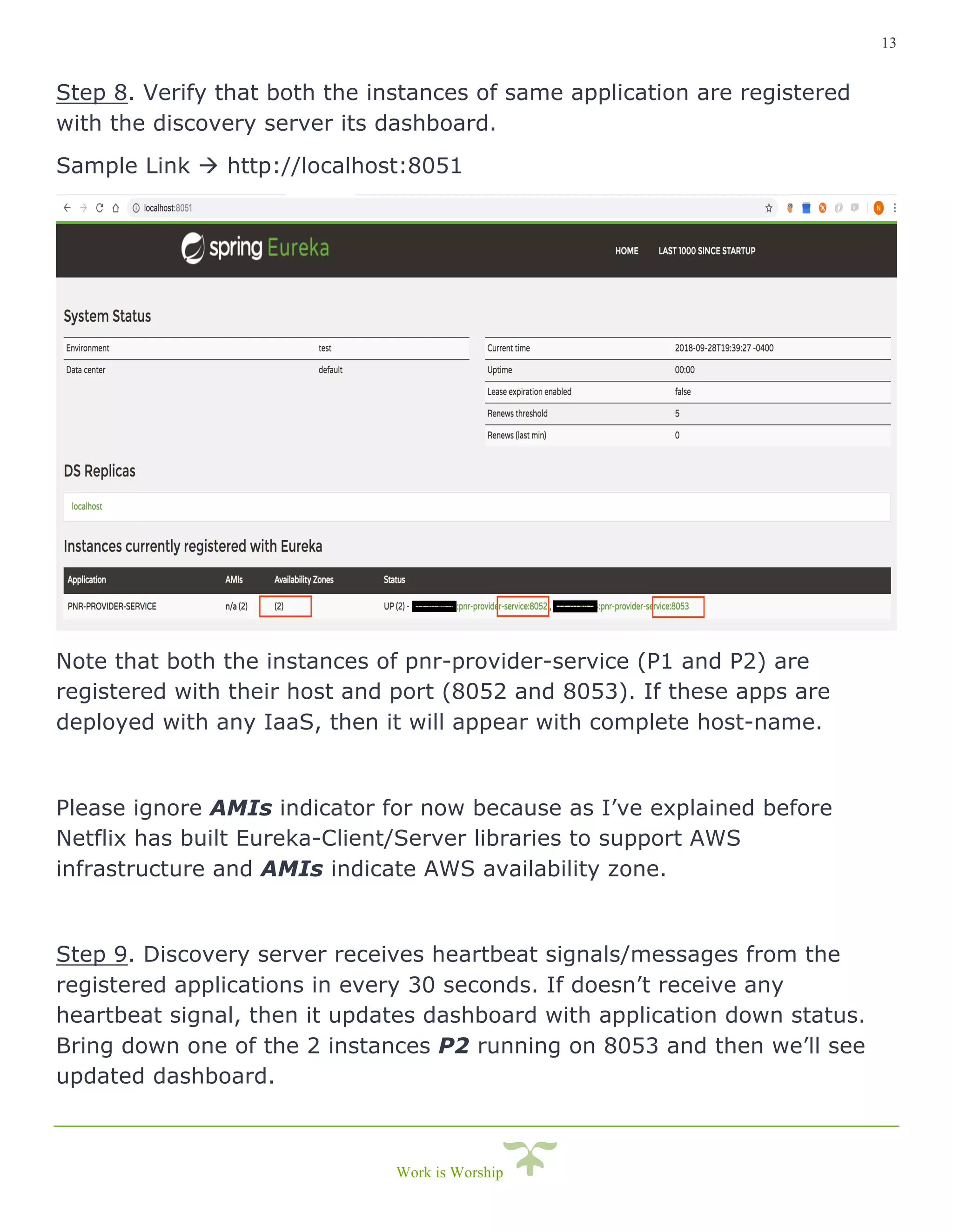 13
Work is Worship
Step 8. Verify that both the instances of same application are registered
with the discovery server its dashboard.
Sample Link à http://localhost:8051
Note that both the instances of pnr-provider-service (P1 and P2) are
registered with their host and port (8052 and 8053). If these apps are
deployed with any IaaS, then it will appear with complete host-name.
Please ignore AMIs indicator for now because as I’ve explained before
Netflix has built Eureka-Client/Server libraries to support AWS
infrastructure and AMIs indicate AWS availability zone.
Step 9. Discovery server receives heartbeat signals/messages from the
registered applications in every 30 seconds. If doesn’t receive any
heartbeat signal, then it updates dashboard with application down status.
Bring down one of the 2 instances P2 running on 8053 and then we’ll see
updated dashboard.
 