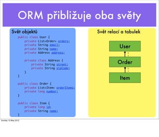 ORM přibližuje oba světy
          Svět objektů                               Svět relací a tabulek
                public class User {
                    private List<Order> orders;
                    private String email;
                    private String name;
                                                               User
                    private Address address;                       1
                                                                   *

                     private class Address {
                         private String street;
                                                              Order
                         private String zipCode;                   1

                     }                                             *

                }
                                                                Item
                public class Order {
                    private List<Item> orderItems;
                    private long number;
                }

                public class Item {
                    private long id;
                    private String name;
                }
Sunday 13 May 2012
 