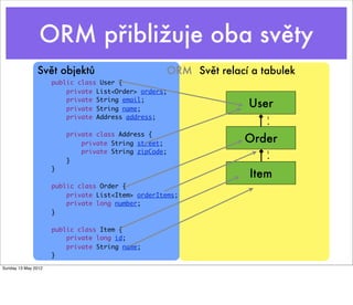 ORM přibližuje oba světy
               Svět objektů                        ORM Svět relací a tabulek
                     public class User {
                         private List<Order> orders;
                         private String email;
                         private String name;
                                                                  User
                         private Address address;                     1
                                                                      *


                                                                  Order
                         private class Address {
                             private String street;
                             private String zipCode;                  1

                         }                                            *

                     }
                                                                   Item
                     public class Order {
                         private List<Item> orderItems;
                         private long number;
                     }

                     public class Item {
                         private long id;
                         private String name;
                     }
Sunday 13 May 2012
 