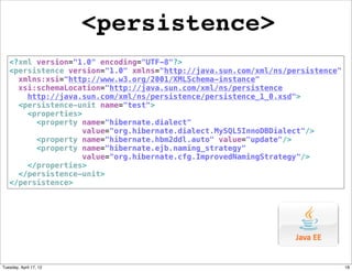 <persistence>
   <?xml version="1.0" encoding="UTF-8"?>
   <persistence version="1.0" xmlns="http://java.sun.com/xml/ns/persistence"
     xmlns:xsi="http://www.w3.org/2001/XMLSchema-instance"
     xsi:schemaLocation="http://java.sun.com/xml/ns/persistence
       http://java.sun.com/xml/ns/persistence/persistence_1_0.xsd">
     <persistence-unit name="test">
       <properties>
         <property name="hibernate.dialect"
                    value="org.hibernate.dialect.MySQL5InnoDBDialect"/>
         <property name="hibernate.hbm2ddl.auto" value="update"/>
         <property name="hibernate.ejb.naming_strategy"
                    value="org.hibernate.cfg.ImprovedNamingStrategy"/>
       </properties>
     </persistence-unit>
   </persistence>




Tuesday, April 17, 12                                                          18
 