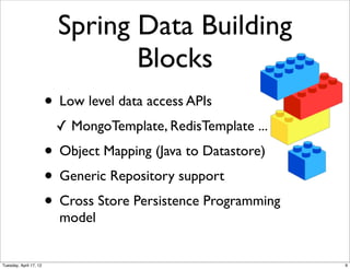 Spring Data Building
                                 Blocks
                        • Low level data access APIs
                         ✓ MongoTemplate, RedisTemplate ...
                        • Object Mapping (Java to Datastore)
                        • Generic Repository support
                        • Cross Store Persistence Programming
                          model


Tuesday, April 17, 12                                           9
 