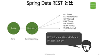 © Tagbangers, Inc. 10
Spring Data REST とは
Entity
GET /items
GET /items/search
GET / items/1
POST /items
PUT /items/1
PATCH /items/1
DELETE /items/1
…
Item ItemRepository
REST スタイルな API エンドポイント
URL 設計に迷わない
Repository
 