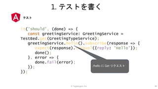 © Tagbangers, Inc. 40
1. テストを書く
it('should', (done) => {
const greetingService: GreetingService =
TestBed.get(GreetingTypeService);
greetingService.hello().subscribe(response => {
expect(response).toEqual({reply: 'Hello'});
done();
}, error => {
done.fail(error);
});
});
テスト
/hello に Get リクエスト
 