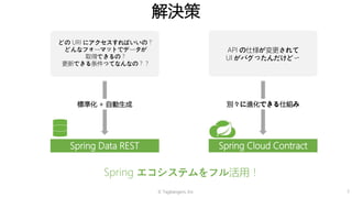 © Tagbangers, Inc. 7
解決策
どの URI にアクセスすればいいの？
どんなフォーマットでデータが
取得できるの？
更新できる条件ってなんなの？？
API の仕様が変更されて
UI がバグったんだけど〜
Spring Data REST
Spring エコシステムをフル活用！
標準化 + 自動生成 別々に進化できる仕組み
Spring Cloud Contract
 