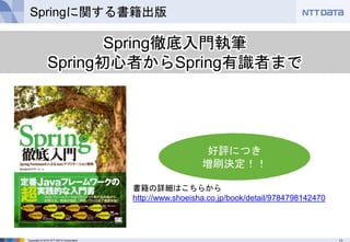11Copyright © 2016 NTT DATA Corporation
Springに関する書籍出版
好評につき
増刷決定！！
Spring徹底入門執筆
Spring初心者からSpring有識者まで
書籍の詳細はこちらから
http://www.shoeisha.co.jp/book/detail/9784798142470
 