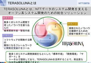3Copyright © 2016 NTT DATA Corporation
TERASOLUNAとは
Process
Environment
Support
数多くのシステム開発で
培ったノウハウを盛り込
んだ
標準開発手順・管理手順
ソフトウェアを開発する際
の
雛形になるフレームワーク
と開発を支援するツール
蓄積されたノウハウ
を展開するための
研修や教育サービス
標準手順
サポート
開発環境
数多くのシステム開発実績をもとにした「標準手順」「開発環境」「サ
ポート」を
トータルで提供しており、TERASOLUNAを活用することで、高品質な
システム開発が実現できます。
TERASOLUNAとは、NTTデータのシステム開発を支える
オープン系システム開発のための総合ソリューション
 