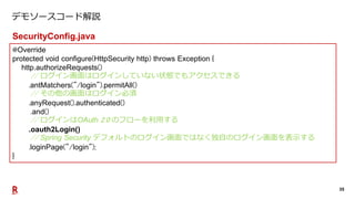 35
デモソースコード解説
@Override
protected void configure(HttpSecurity http) throws Exception {
http.authorizeRequests()
// ログイン画面は...