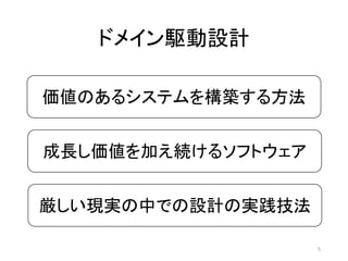 価値のあるシステムを構築する方法
成長し価値を加え続けるソフトウェア
厳しい現実の中での設計の実践技法
ドメイン駆動設計
5
 