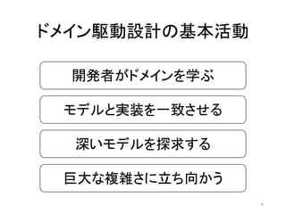 開発者がドメインを学ぶ
モデルと実装を一致させる
深いモデルを探求する
ドメイン駆動設計の基本活動
巨大な複雑さに立ち向かう
6
 