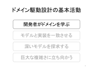 開発者がドメインを学ぶ
モデルと実装を一致させる
深いモデルを探求する
ドメイン駆動設計の基本活動
巨大な複雑さに立ち向かう
7
 