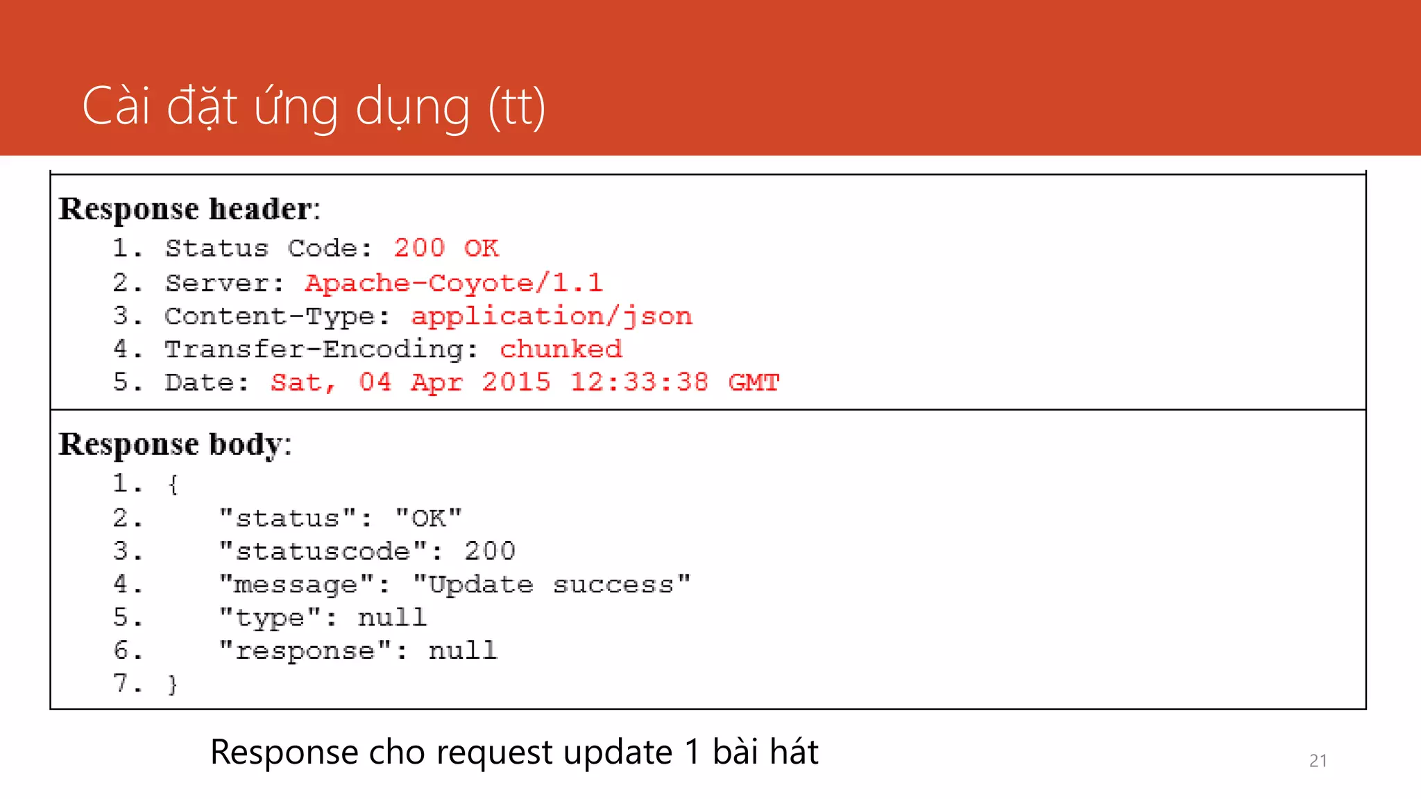 Cài đặt ứng dụng (tt)
21Response cho request update 1 bài hát
 