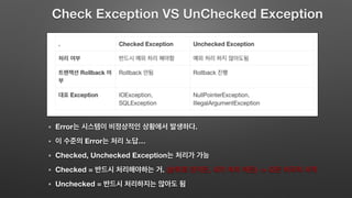Check Exception VS UnChecked Exception
Error .
Error …
Checked, Unchecked Exception
Checked = . ( , ) ->
Unchecked =
 