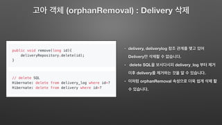 delivery, deliverylog
Delivery .
delete SQL delivery_log
delivery .
orphanRemoval
.
(orphanRemoval) : Delivery
 