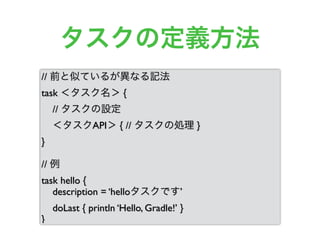 タスクの定義方法
// 前と似ているが異なる記法
task ＜タスク名＞ {
// タスクの設定
＜タスクAPI＞ { // タスクの処理 }
}
// 例
task hello {
description = ‘helloタスクです’
doLast { println ‘Hello, Gradle!’ }
}
 