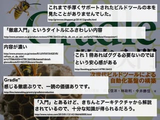 「徹底入門」というタイトルにふさわしい内容
http://www.amazon.co.jp/product-reviews/4798136433/ref=dp_db_cm_cr_acr_txt?ie=UTF8&showViewpoints=1
これまで手厚くサポートされたビルドツールの本を
見たことがありませんでした。
http://grimrose.blogspot.jp/2014/12/gradle.html
これ１冊あればググる必要ないのでは
という安心感がある
http://booklog.jp/item/1/4798136433
Gradle”
感じる徹底ぶりで、一読の価値ありです。
http://lino.hatenablog.jp/entry/gradleintroduction
「入門」とあるけど、きちんとアーキテクチャから解説
されているので、十分な知識が得られるだろう。
http://www.ruimo.com/2015/01/12/1421066460000.html
内容が濃い
http://www.amazon.co.jp/review/R1UIVFAYX4GEVR/
ref=cm_cr_dp_title?
ie=UTF8&ASIN=4798136433&channel=detail-
glance&nodeID=465392&store=books
 