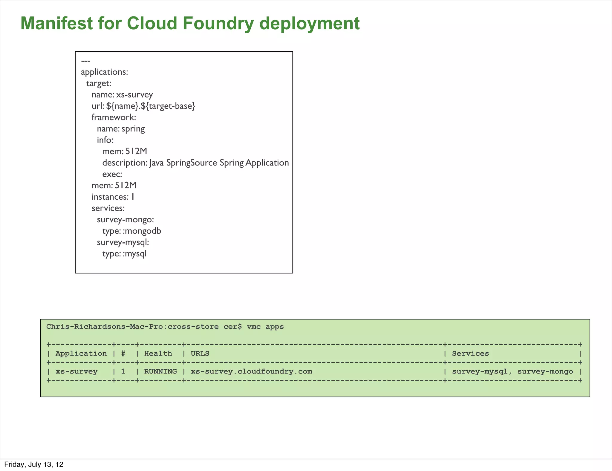 Manifest for Cloud Foundry deployment
                      ---
                      applications:
                        target:
                          name: xs-survey
                          url: ${name}.${target-base}
                          framework:
                            name: spring
                            info:
                              mem: 512M
                              description: Java SpringSource Spring Application
                              exec:
                          mem: 512M
                          instances: 1
                          services:
                            survey-mongo:
                              type: :mongodb
                            survey-mysql:
                              type: :mysql




             Chris-Richardsons-Mac-Pro:cross-store cer$ vmc apps

             +-------------+----+---------+-------------------------------------------------------+----------------------------+
             | Application | # | Health | URLS                                                    | Services                   |
             +-------------+----+---------+-------------------------------------------------------+----------------------------+
             | xs-survey   | 1 | RUNNING | xs-survey.cloudfoundry.com                             | survey-mysql, survey-mongo |
             +-------------+----+---------+-------------------------------------------------------+----------------------------+




                                                                                                                                   113

Friday, July 13, 12
 