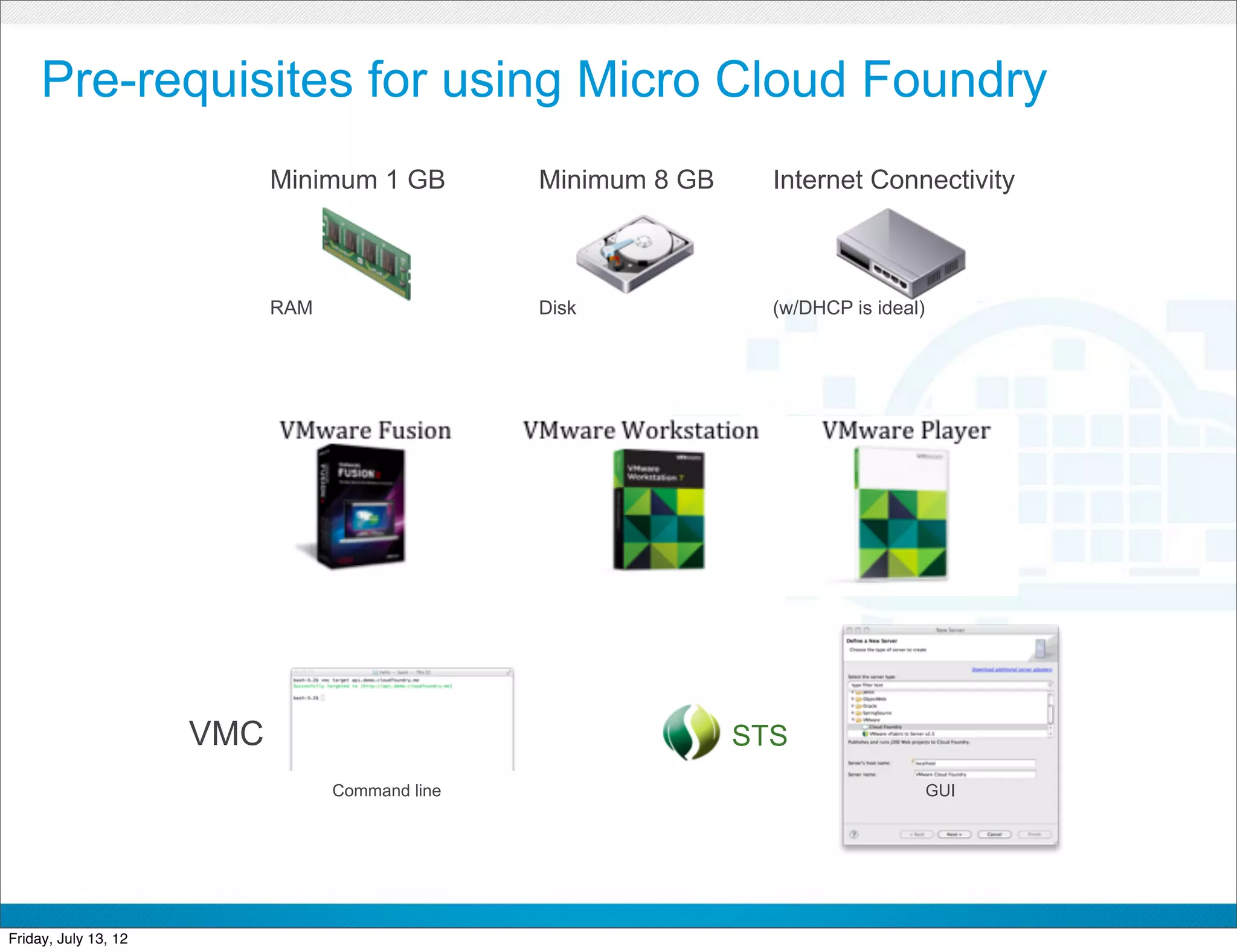 Pre-requisites for using Micro Cloud Foundry
                            Minimum 1 GB         Minimum 8 GB        Internet Connectivity



                            RAM                  Disk                (w/DHCP is ideal)




                      VMC                                          STS
                                  Command line                                           GUI




                                                    CONFIDENTIAL



Friday, July 13, 12                                                                            42
 