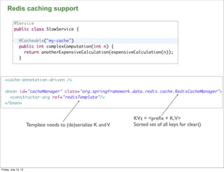 Redis caching support




                                                                KVs = <preﬁx + K,V>
                      Template needs to (de)serialize K and V   Sorted set of all keys for clear()




                                                                                                     87

Friday, July 13, 12
 