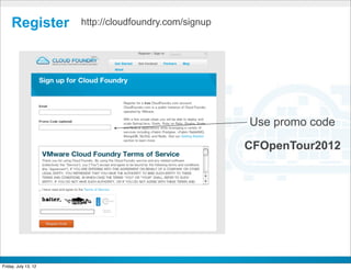 Register         http://cloudfoundry.com/signup




                                                       Use promo code

                                                       CFOpenTour2012




                                        CONFIDENTIAL



Friday, July 13, 12                                                     5
 
