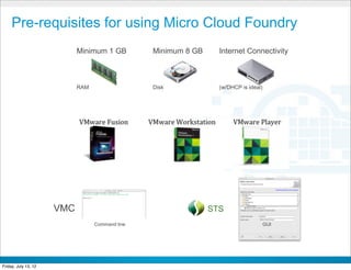 Pre-requisites for using Micro Cloud Foundry
                            Minimum 1 GB         Minimum 8 GB        Internet Connectivity



                            RAM                  Disk                (w/DHCP is ideal)




                      VMC                                          STS
                                  Command line                                           GUI




                                                    CONFIDENTIAL



Friday, July 13, 12                                                                            42
 