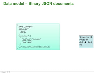 Data model = Binary JSON documents




                      {
                          "name" : "Sahn Maru",
                          "type" : ”Korean",
                          "serviceArea" : [
                             "94619",
                             "94618"
                          ],
                          "openingHours" : [
                             {                                           Sequence of
                                "dayOfWeek" : "Wednesday",
                                "open" : 1730,
                                                                         bytes on
                                "close" : 2230                           disk è fast
                             }
                          ],                                             i/o
                          "_id" : ObjectId("4bddc2f49d1505567c6220a0")
                      }




                                                                                   66

Friday, July 13, 12
 