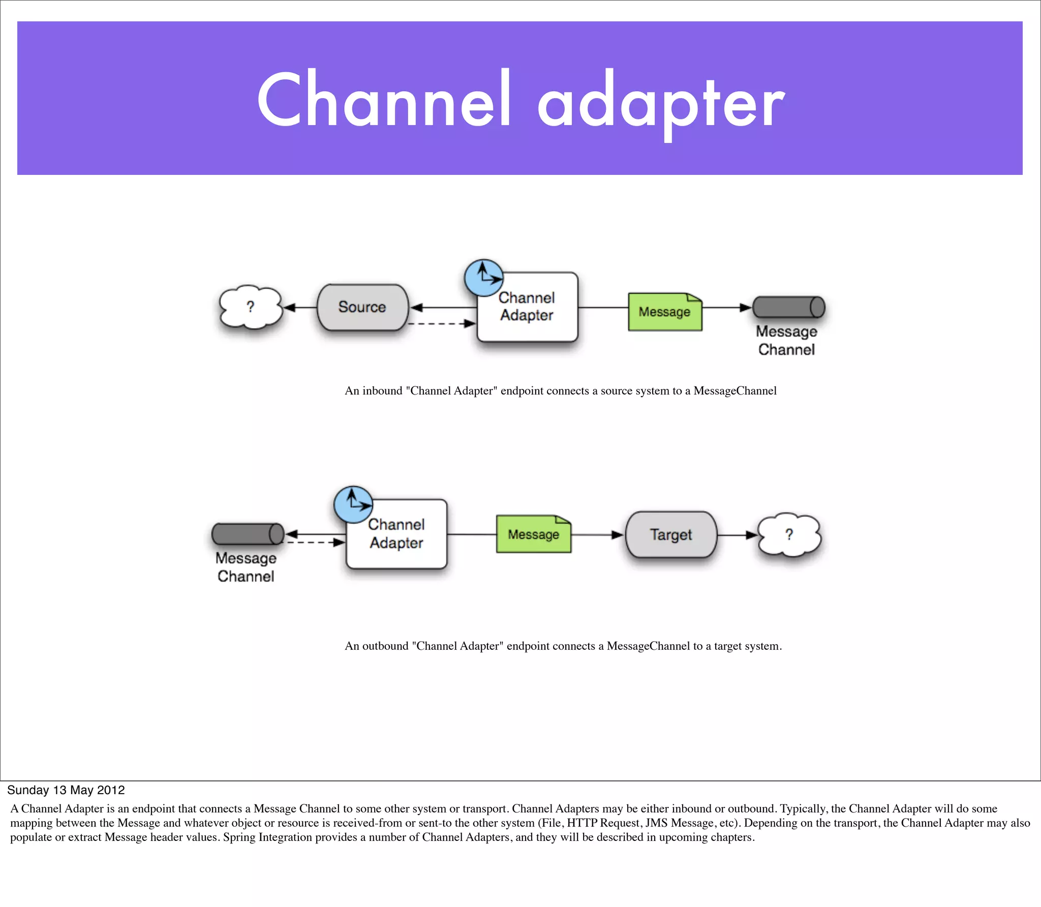 Channel adapter


                                                                  An inbound "Channel Adapter" endpoint connects a source system to a MessageChannel




                                                                  An outbound "Channel Adapter" endpoint connects a MessageChannel to a target system.




Sunday 13 May 2012
A Channel Adapter is an endpoint that connects a Message Channel to some other system or transport. Channel Adapters may be either inbound or outbound. Typically, the Channel Adapter will do some
mapping between the Message and whatever object or resource is received-from or sent-to the other system (File, HTTP Request, JMS Message, etc). Depending on the transport, the Channel Adapter may also
populate or extract Message header values. Spring Integration provides a number of Channel Adapters, and they will be described in upcoming chapters.
 
