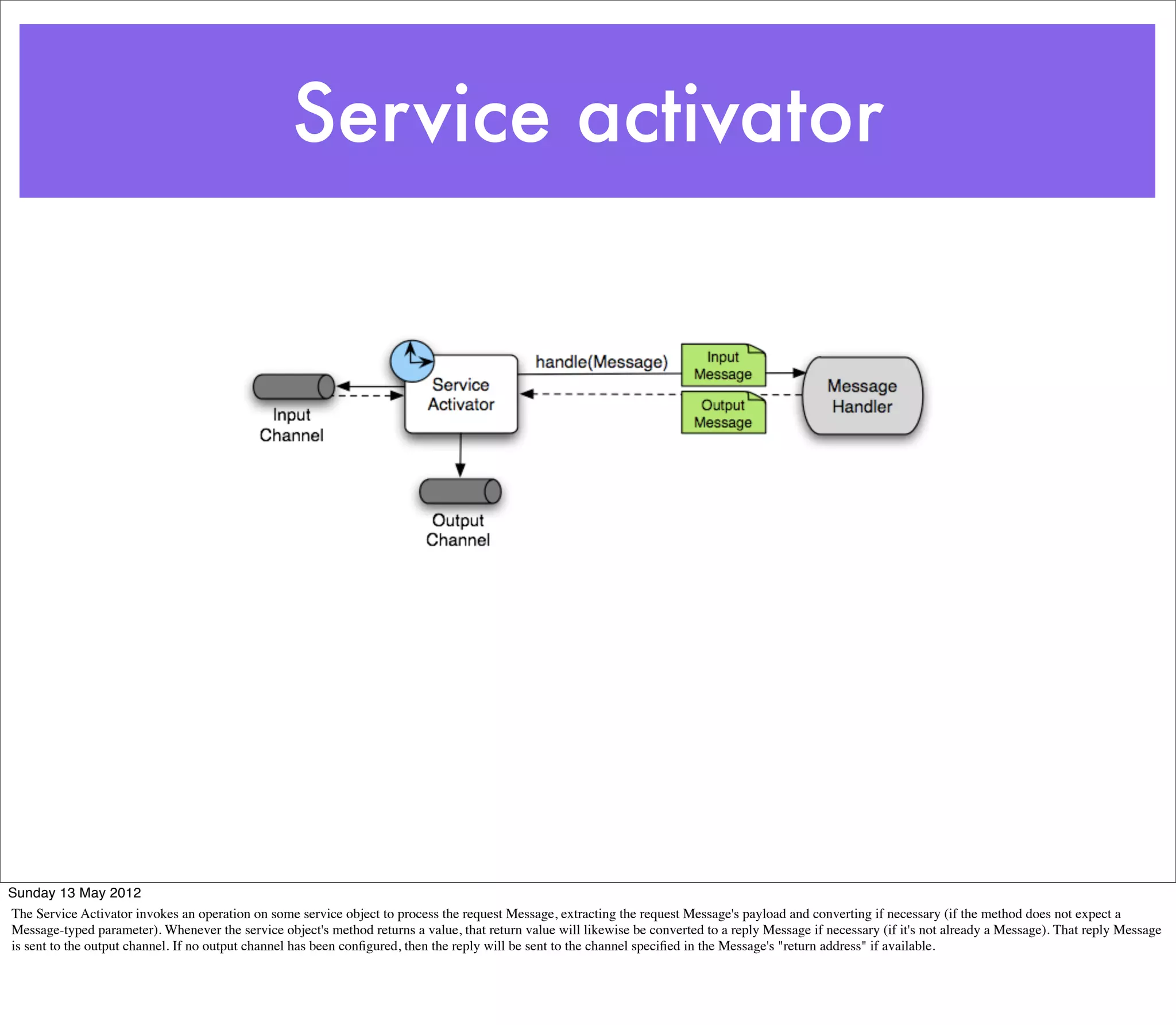 Service activator




Sunday 13 May 2012
The Service Activator invokes an operation on some service object to process the request Message, extracting the request Message's payload and converting if necessary (if the method does not expect a
Message-typed parameter). Whenever the service object's method returns a value, that return value will likewise be converted to a reply Message if necessary (if it's not already a Message). That reply Message
is sent to the output channel. If no output channel has been conﬁgured, then the reply will be sent to the channel speciﬁed in the Message's "return address" if available.
 